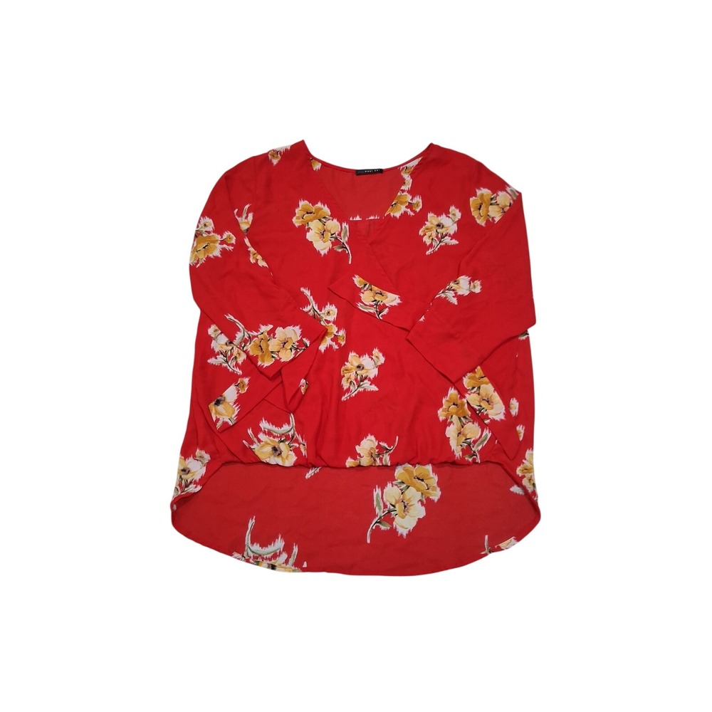 West Kei Womens Red Floral Surplice V-Neck High Low Blouse 3/4 Sleeve Top M/L
